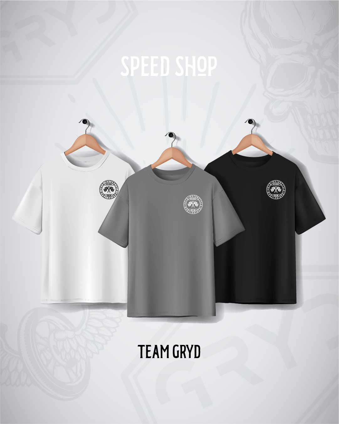 Three t-shirts in white, gray, and black on hangers with 'Speed Shop' and 'Team Gryd' text.
