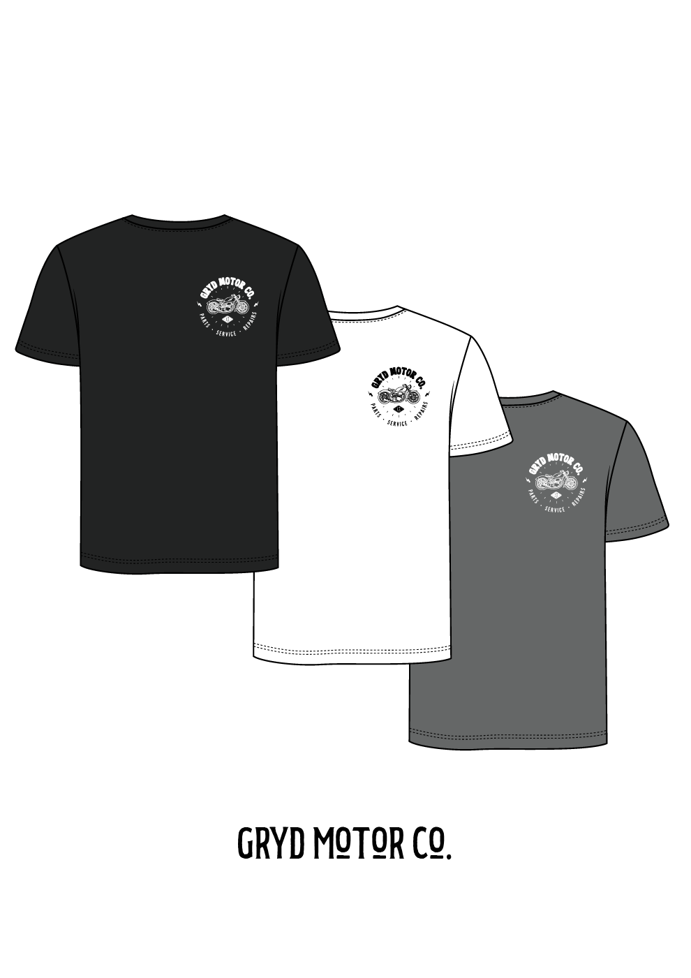 Black, white, and grey t-shirts with a logo on the back, featuring 'Gryd Motor Co.'
