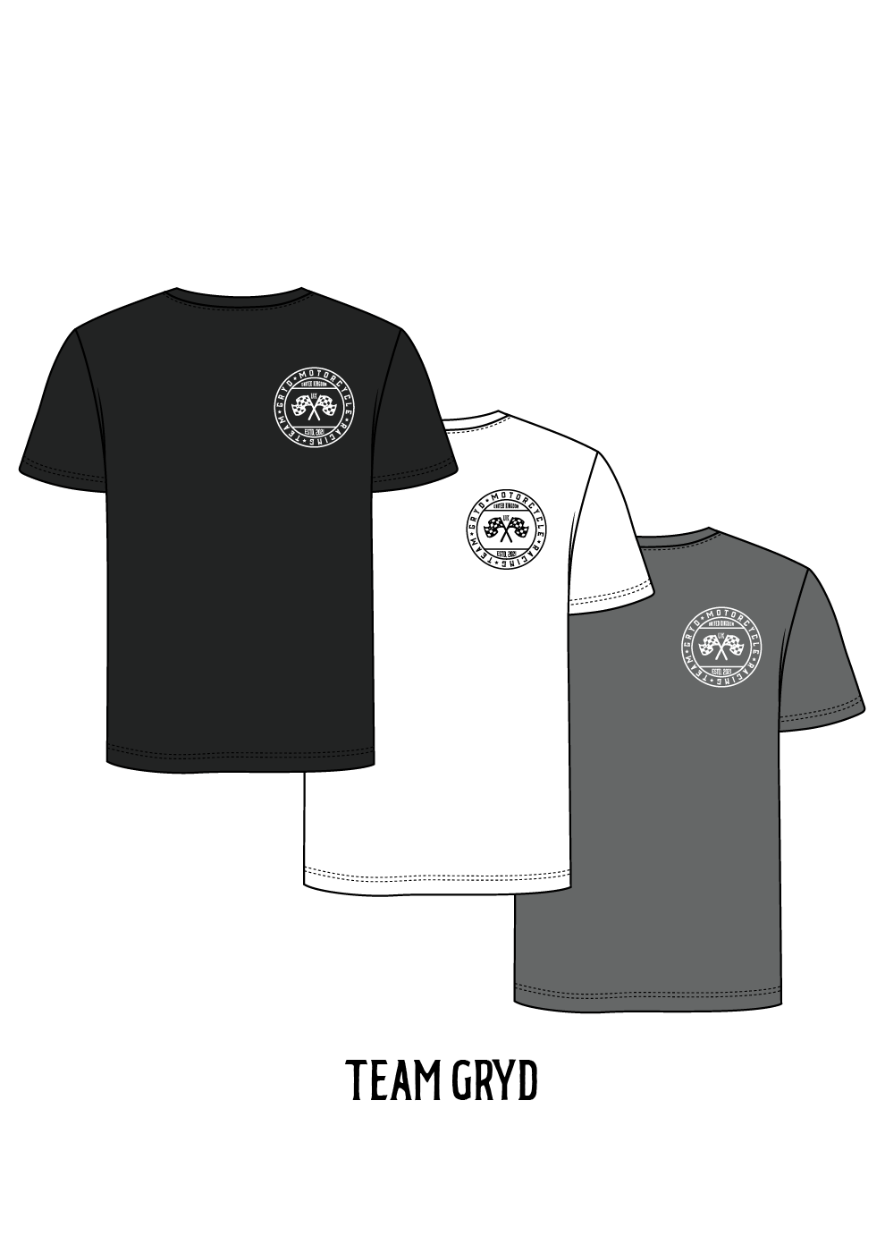 Black, white, and gray t-shirts with a logo and 'Team Gryd' text on a white background