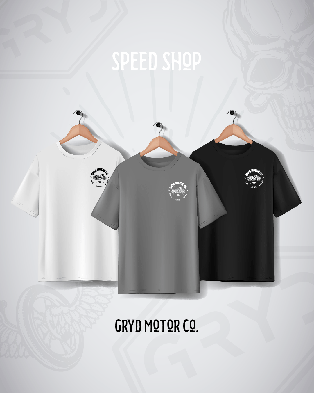 Three t-shirts in white, grey, and black on hangers with 'Speed Shop' and 'Gryd Motor Co.' branding.